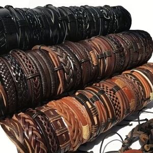 3Vintage & Trendy Random Mixed Style Handwoven Vegan Adjustable Leather Bracelet